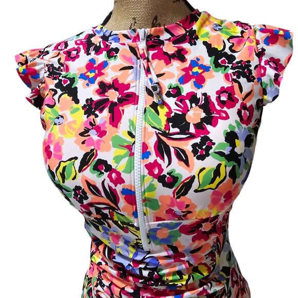 Anne Cole Sun Blossom Flutter Sleeve Zip Up Rash Guard One Piece Swimsuit Sz 10 - Picture 4 of 15